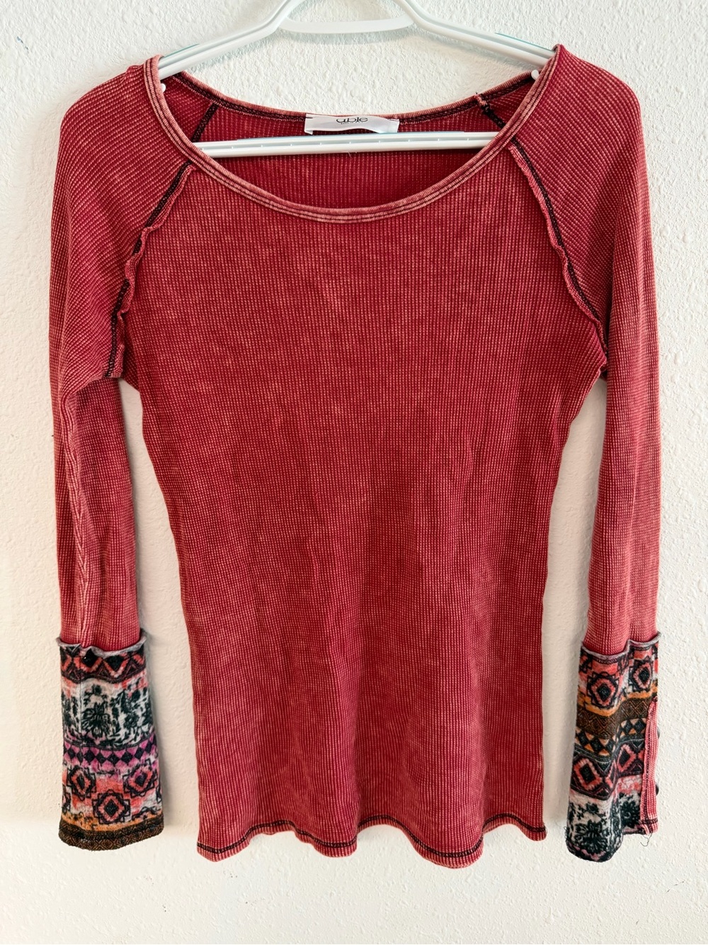 Able Red Ribbed Long-Sleeve Top with Patterned Cuffs